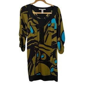 DVF Silk Blend Size Small Sheath Dress Green Camo Swirl Print Full Sleeves
